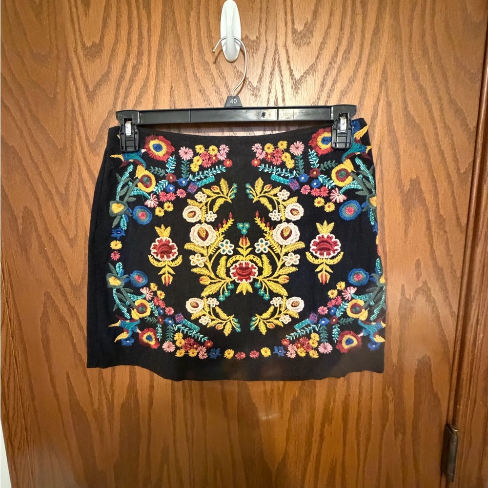 Umgee Black Mini Skirt with Colorful Floral Embroidery
